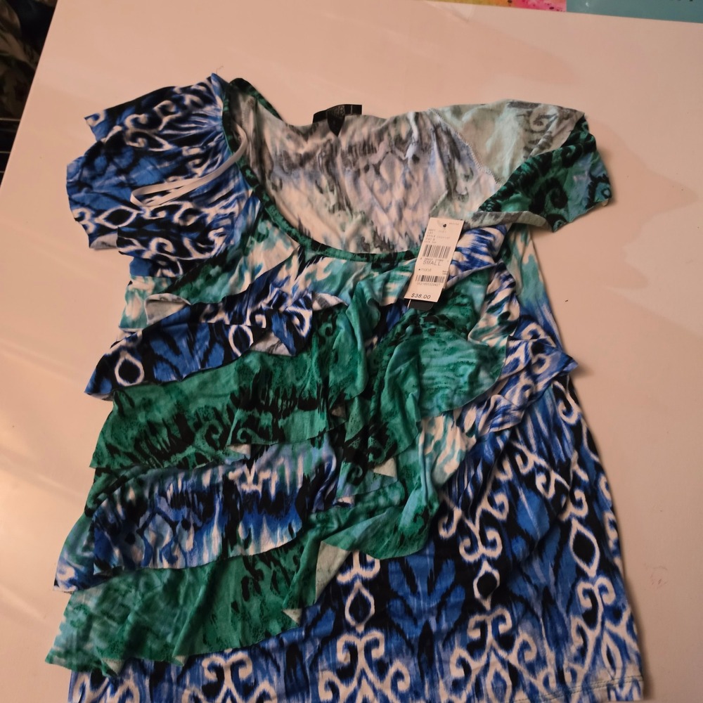 AGB Women Blue Green Ikat Print Ruffle Asymmetrical Top NWT Small 049914F